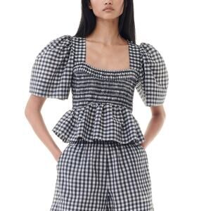 Ganni Seersucker Checked Egret Open-Neck Smock Blouse Size FR 36 / US 4
